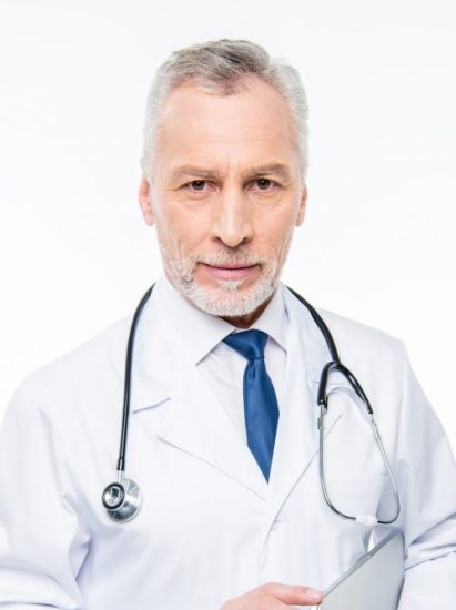 old doctor with stern and serious expression on face